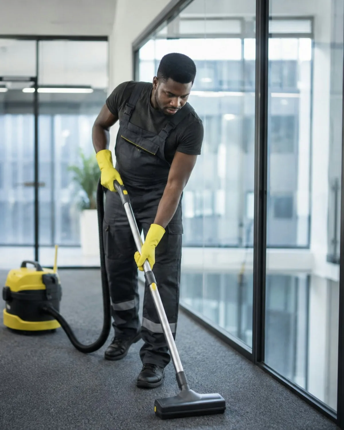 A cleaner in dark overalls and yellow gloves vacuuming the carpet of a bright, glass-walled office